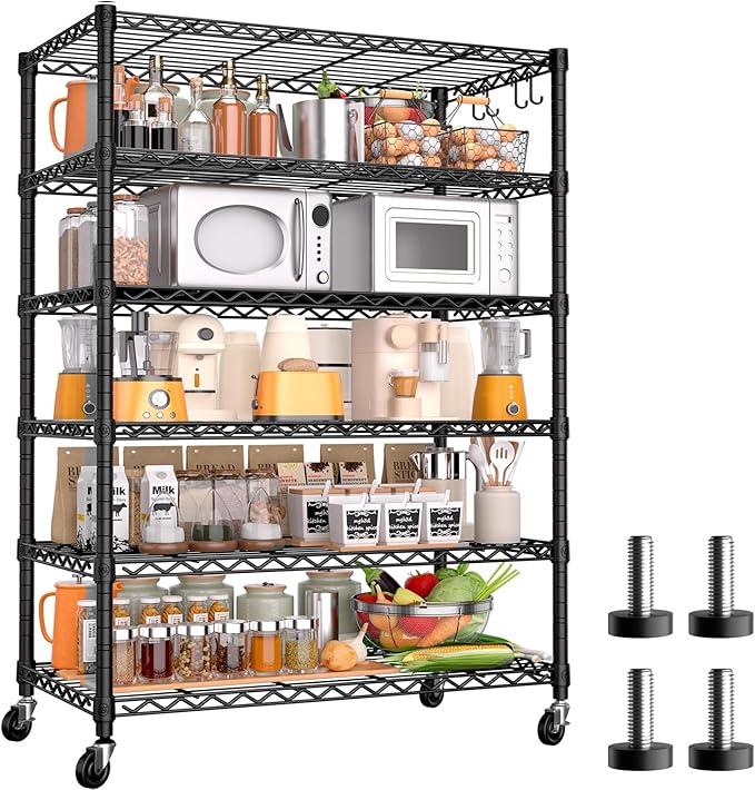 PrimeZone 6 Tier Wire Shelving with Wheels 78''H 1500lbs Storage Shelves NSF Certified Heavy Duty Steel Metal Shelf Adjustable Rolling Rack Kitchen Garage Closet Pantry Laundry 78''HX36''WX18''D