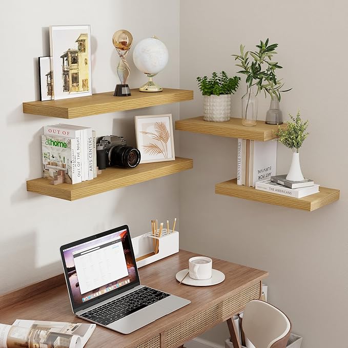 Fun Memories 16Inch Floating Shelves for Wall 2 Pack Shelves for Bedroom|Kitchen|Bathroom Wall Mounted Rustic Wood Floating Shelf with Invisible Brackets for Books|Storage|Decor, Oak