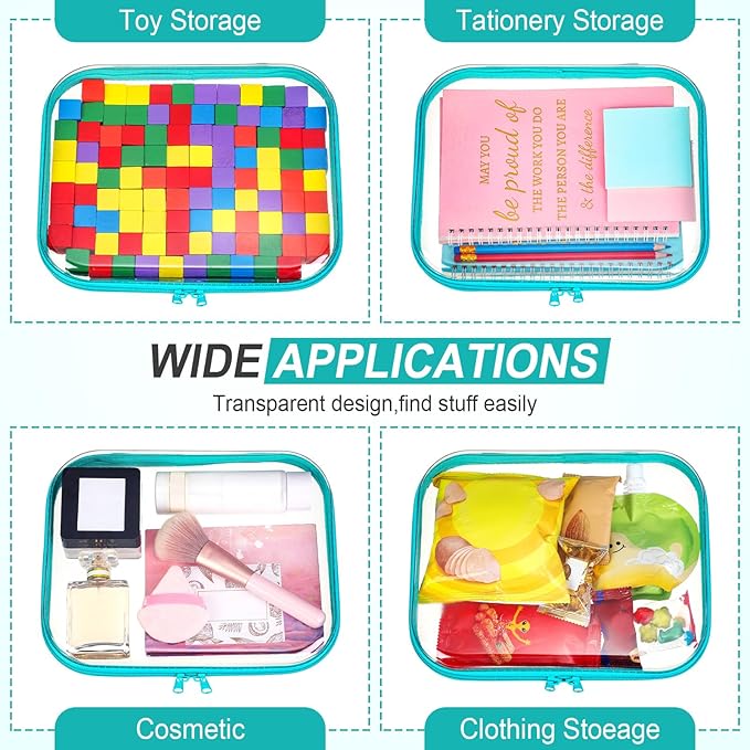 Sanwuta 6 Pcs Clear Hard Zipper Case Hard Plastic Zipper Pouches Transparent Makeup Bag Pencil Pouches for Travel Snacks Christmas Trinket Storage Organizer Box(Teal,9.84 x 7.87 x 2 Inch)