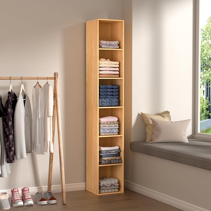 6 Cube Storage Organizer, 6 Tier Vertical Cube Bookcase Freestanding Storage Display Organizer for Home Office, Six Cubes Open Shelf Bookshelf (Oak, 6 Cube)