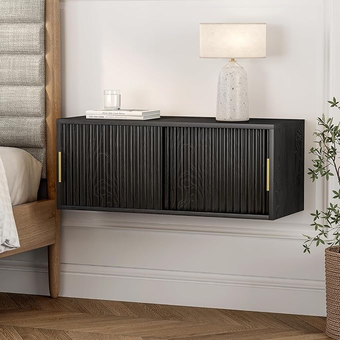 Large Floating TV Stands Set of 2, Modern Fluted Nightstands Wall Mounted Bedside Table Storage Cabinet with Sliding Doors for Living Room, Bedroom Black