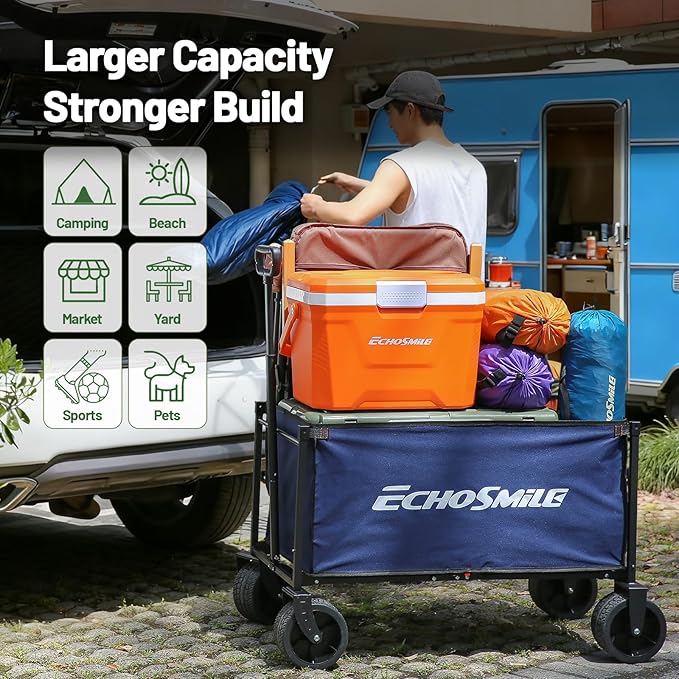 EchoSmile Collapsible Wagon Cart for Camping & Beach - Heavy Duty 400lbs Capacity All-Terrain Cart with Wide Wheels, Portable Folding Utility Wagon for Grocery, Garden, Sports,Blue&Orange