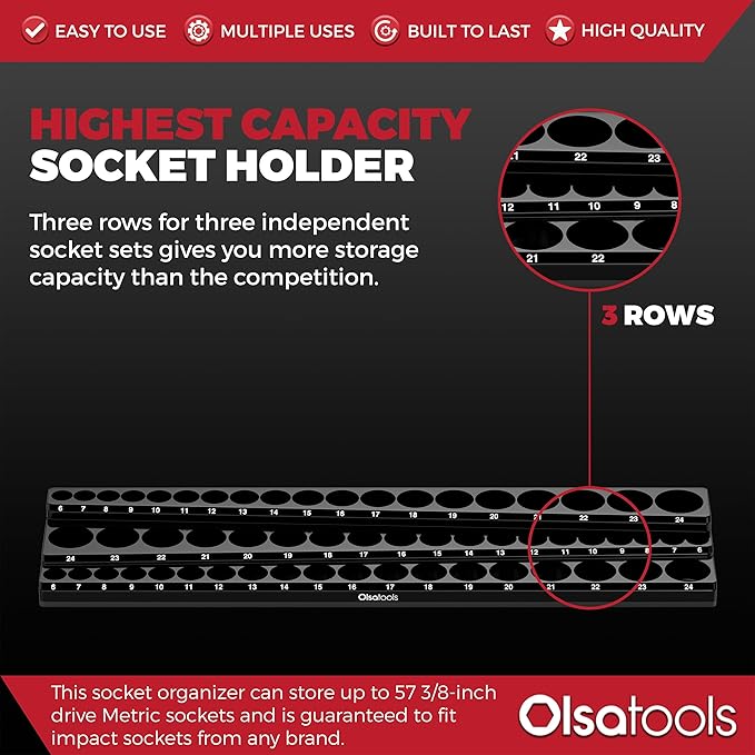 Olsa Tools Magnetic Socket Organizer (3/8-Inch Drive, 3 Row) - Magnetic Tool Organizer & Socket Holder - Tool Box Socket Organizers - Metric Black - Holds 54 Sockets - Professional Grade - Part: 1553