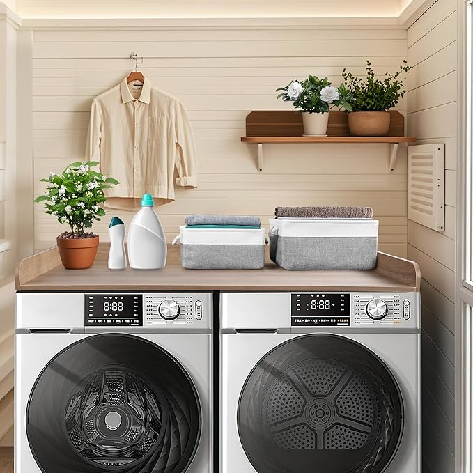 Washer Dryer Countertop with 2 Pack Storage Baskets, Wood Washer and Dryer Countertop with Non-Slip Pads/Edge Rails for Laundry Room Storage and Organization, 27.5" W x 54" L(Woodcolor)