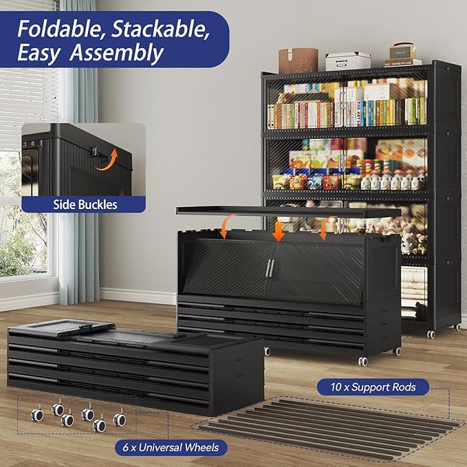 200 Gallon Extra Large Collapsible Storage Bin with Lid, 960QT Stackable Plastic Organizer with 6x Wheels, Foldable Drawer Cabinet for Closet, Living Room Office, Kitchen 4Pack, Black