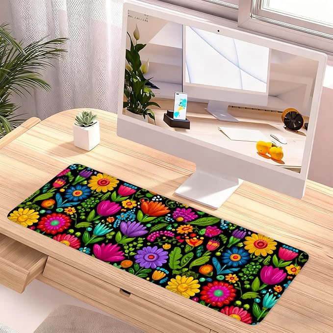 Folk Art Floral Mouse Pad – Large Extended Desk Mat 31.5 x 11.8 in– Colorful Boho Flowers on Black Background, Waterproof Surface, Non-Slip Rubber Base, Oversized Mouse & Keyboard Pad