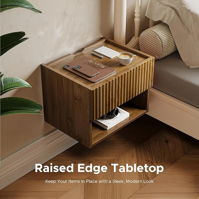 Floating Nightstand Bedroom Bedside Table - Floating Night Stand Set 2 for Small Spaces, Wall Mounted Cabinet with Storage Drawer, Brown Modern Night Stand for Dorm Hallway Entryway