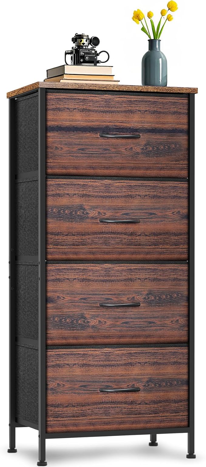 4 Fabric Drawer Dresser for Bedroom, Chest of Drawers with Waterproof Wood Top Tall Dresser for Hallway, Living Room, Kid Room (Rustic Brown)