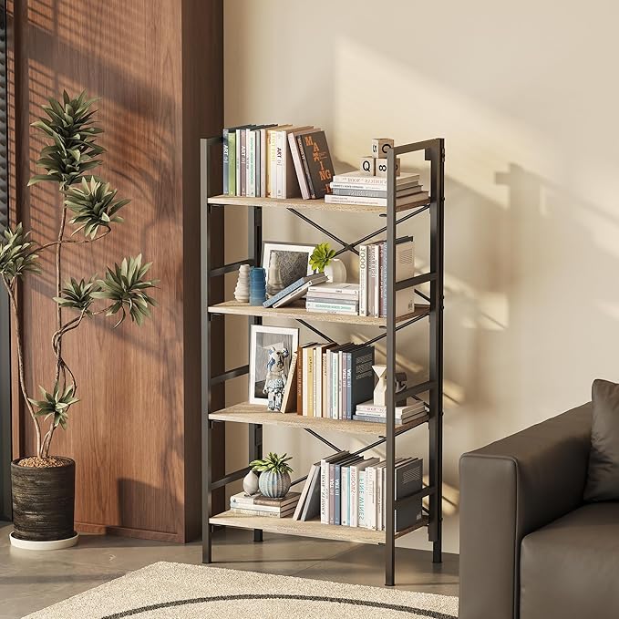 Homeiju Folding Bookshelf,4 Tier Bookcase Foldable Shelf with X-Bracket Design, Adjustable Feet, Space Saving Storage for Living Room, Office, Brownish