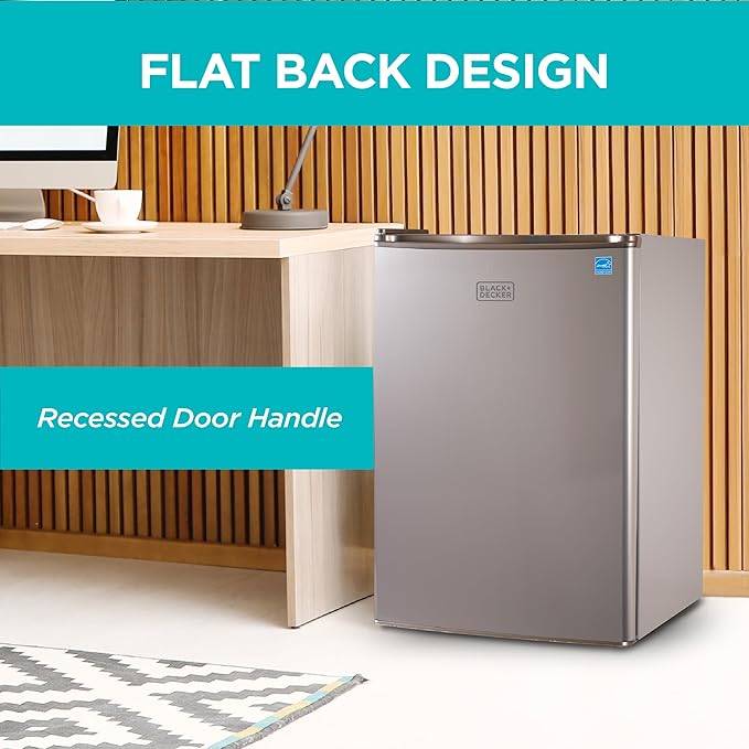 BLACK+DECKER 2.5 Cu. Ft. Compact Refrigerator, ENERGY STAR Certified, Single Door Mini Fridge with Chiller Compartment, Personal Fridge for Home or Dorm Room, R600a Refrigerant, BCRK25V,Stainless Look