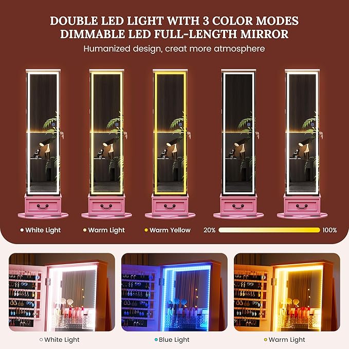 LVSOMT LED Mirror Jewelry Cabinet Standing, 360°Swivel Jewelry Armoire with Full Length Mirror, Mirror with Jewelry Storage and Large Wooden Drawer for Christmas Gifts (Pink)