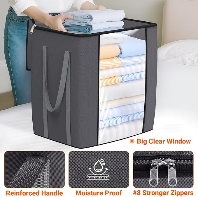 120L Extra Large Clothes Storage Bags, Foldable Blanket Storage and Organization, Thick Fabric Containers with Reinforced Handles & Zippers for Clothing, Comforters, Bedding, Gray, 1 Pack