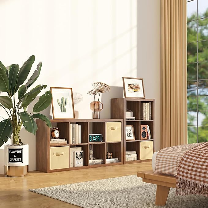 Bookshelf with Storage Bins, 16-Cube Storage Organizer Sturdy Wooden Cube Bookcase Horizontal Bookshelf with Storage, Furniture for Living Room Bedroom Office, Classic Oak