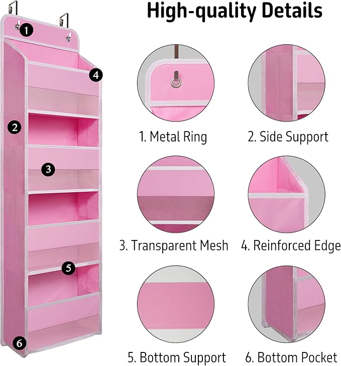 Giraffe Creation Over Door Organizer with 4 Large Capacity Pockets, Heavy Duty Hanging Organizer Storage for Closet Bathroom Nursery Bedroom Dorm, Toys Cosmetics Sundries and Baby Essentials, Pink