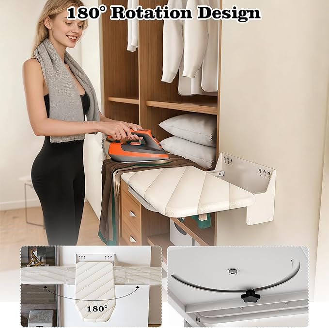 Wall-Mounted Ironing Board 37.4" x 11.8" Compact Mount Fold Down Iron Board Foldable 180° Swivel Iron Board with Heat Resistant Cover Space Saving for Home Laundry Room, Apartment, Dorms