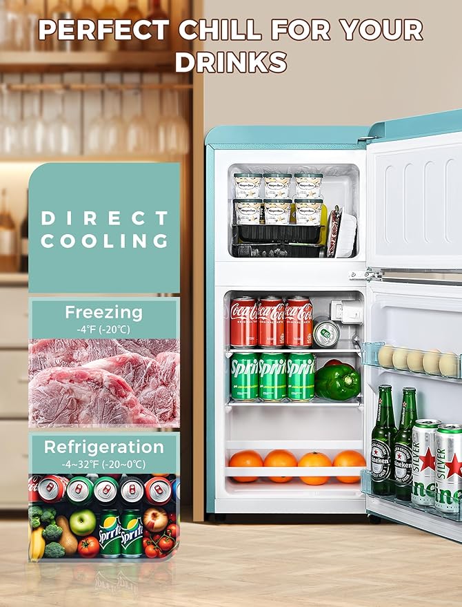 3.2 Cu.Ft Refrigerator, Retro Double Door Fridge with Freezer, 7 Adjustable Temperature Settings, Removable Glass Shelves for Dorm, Office, Bedroom, Apartment, Blue