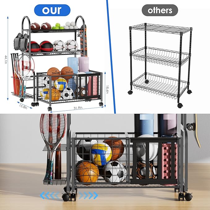 Garage Ball Storage, 2 in 1 Sports Equipment Organizer, Garage Organizer with Basket and Hooks, Individually Movable Rolling Sports Ball Organizer Cart, Black