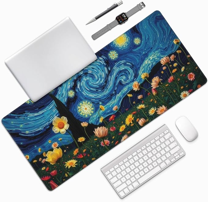 Starry Night Large Mouse Pad, Vintage Aesthetic Flowers Gaming Desk Mat, XXL Keyboard Desk Pad Mat for Desktop, 35.4"x15.7" Non-Slip Base Big Mousepad with Stitched Edges