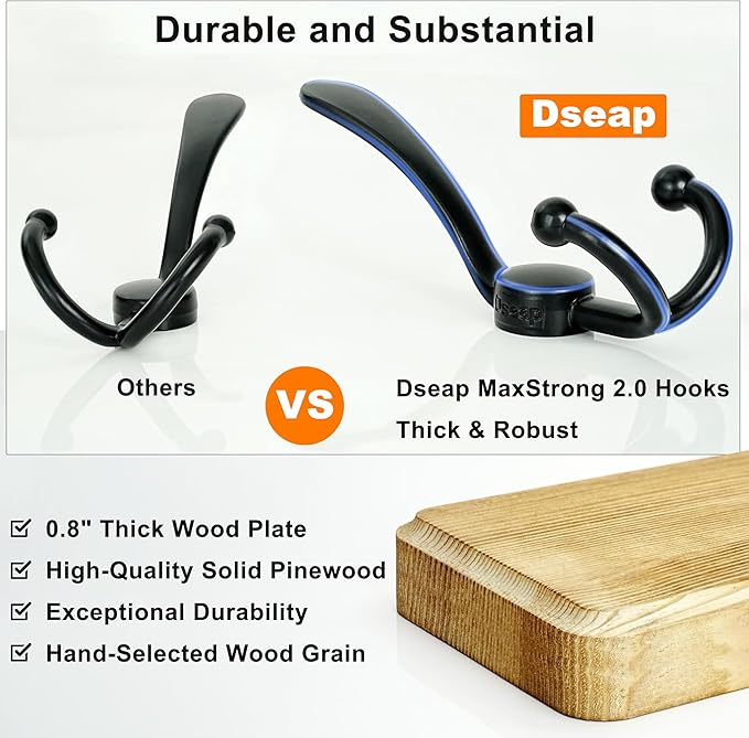 Dseap Coat Rack Wall Mount - Heavy-Duty Robust Barnwood-Style Wooden Wall Coat Hanger Hook Rail with 5 Triple Hooks for Winter Coats Hat Jacket Clothing, Weathered Brown & Black, Pack of 2