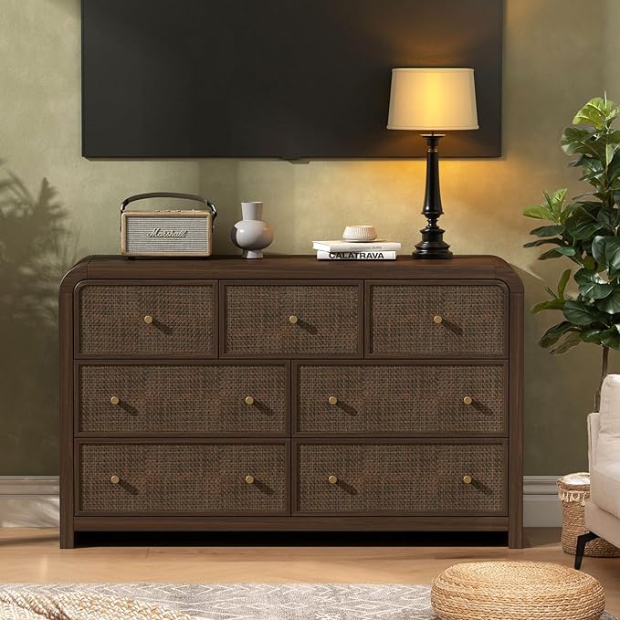 Oak&Sparrow 7 Drawer Dresser for Bedroom, 49'' Rattan Dresser with Ample Storage, Boho Chest of Drawers, Thickened Curved Profile Design, Dark Walnut Dressers for Bedroom, Living Room