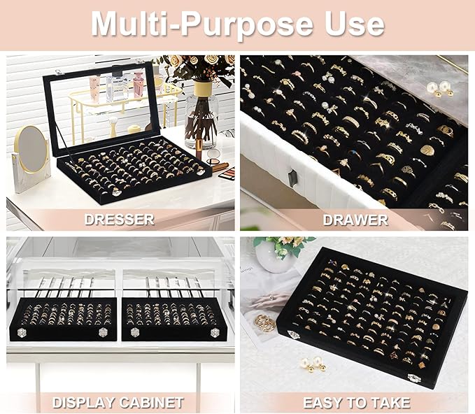 Ring Organizer for Jewelry, Ring Holder Box with Clear Lid, Dustproof Velvet Rings Display Tray Storage Case, 100 Slot Glass Top Jewelry Tray Drawer Insert for Multiple Rings Studs Earring (Black)