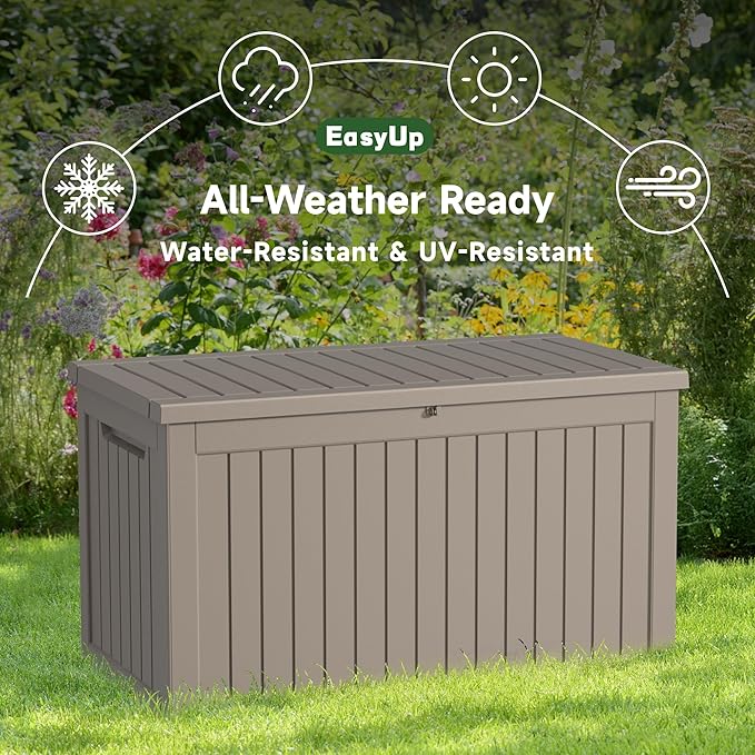 EasyUp 280 Gallon Outdoor Storage Box Waterproof, UV Resistant Resin Deck Box with Hydraulic Rod, Reinforced Stability for Patio, Garden, Striped Gray