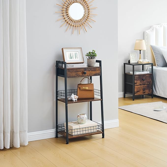 3-Tier Ladder Shelf with Drawer, Bathroom Stand Floor Storage Shelf, Freestanding Tower Shelf Ladder Table for Living Room, Bedroom -Rustic Brown