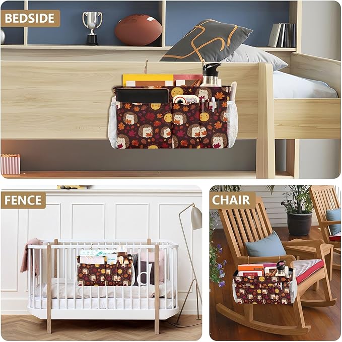 Autumn Leaves Sun Hedgehogs Brown Bedside Caddy for Dorm Bed Bedside Hanging Caddy Bag Iron Frame Storage Organizer Pocket for Bunk Home College Hospital Beds 2 Hooks