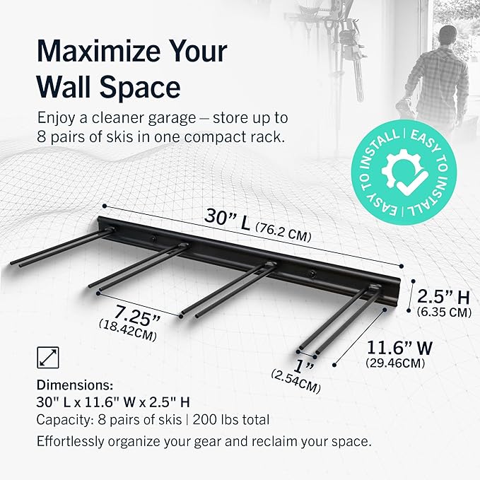 StoreYourBoard Ski Rack Wall Mount – Heavy-Duty Steel Ski Wall Mount Holds Up to 8 Pairs of Skis, Space-Saving Ski Rack for Garage, Home, or Cabin – Durable Wall Storage Organizer - Holds Up to 200lb