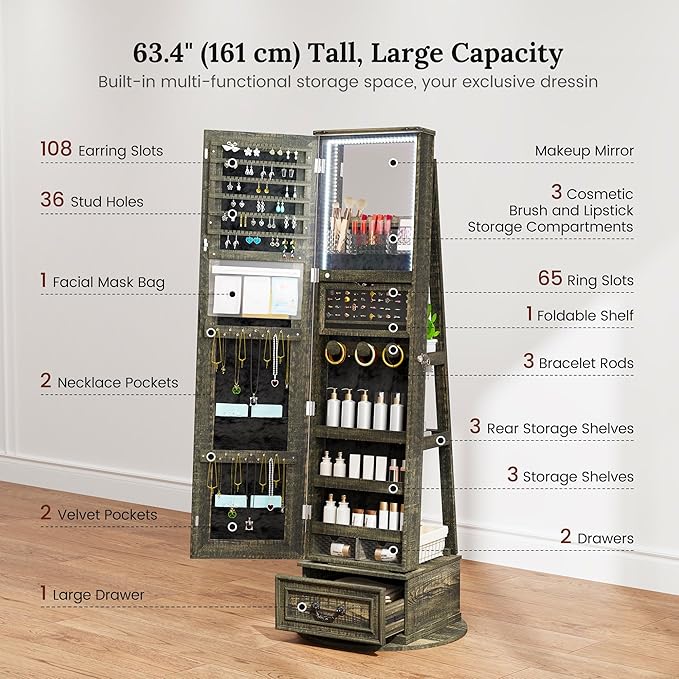 LVSOMT LED Mirror Jewelry Cabinet Standing, 360°Swivel Jewelry Armoire with Full Length Mirror, Mirror with Jewelry Storage and Large Wooden Drawer for Christmas Gifts (Rustic Grey)
