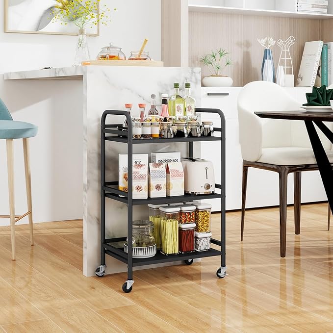 HDANI 3 Tier Rolling Cart Shelves,Heavy Duty Multifunctional Metal Frame-Supports 22 Lbs Per Tier,Rolling Cart with 2 Lockable Wheels for Home,Office,Kitchen,Bathroom,Bedroom,Black