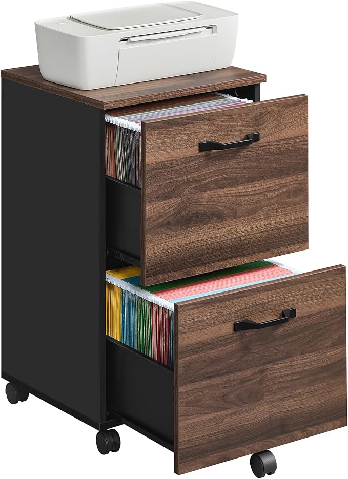 VASAGLE 2-Drawer File Cabinet, Small Rolling Filing Cabinet for Home Office, Printer Stand, for A4, Letter-Size Documents, 15.7 x 16.5 x 27.6 Inches, Natural Walnut and Ink Black UOFC040K01