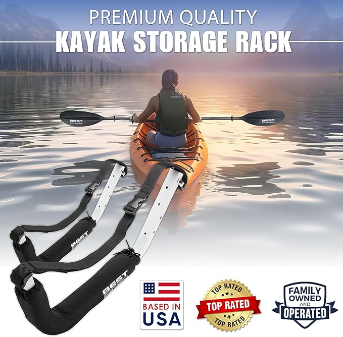 Best Marine and Outdoors Kayak Storage Rack, 2 Premium Wall Mount Racks, Kayaks & SUP Paddle Boards, 125lb Weight Capacity Garage Hanger, Indoor Outdoor Paddleboard Holder & Kayaking Accessories