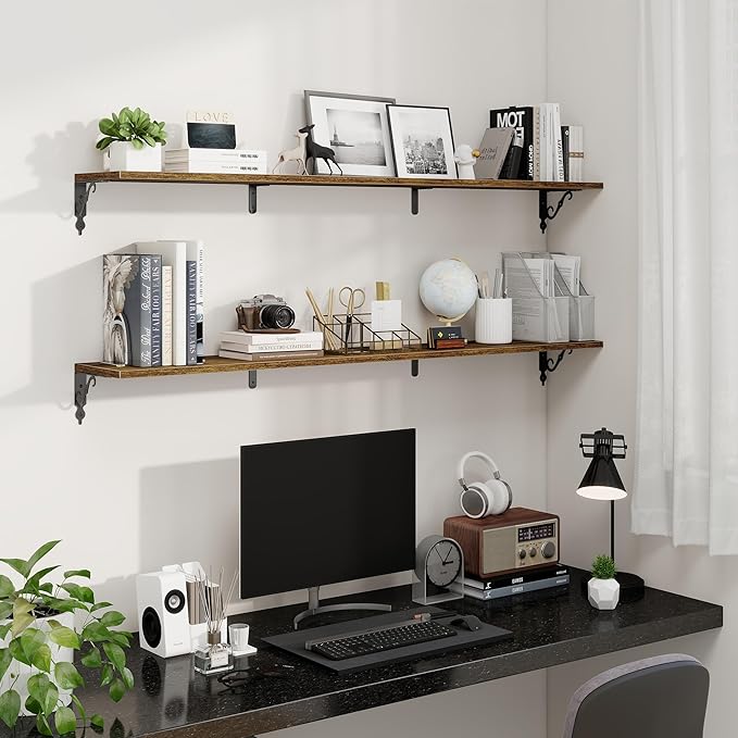 Fun Memories 55 Inch Floating Shelves, Long Floating Shelves Wall-Mounted, 8 Inch Deep Bookshelf with Bracket, 55" W x 8" D Shelves for Wall Display & Storage, Rustic Brown, Set of 2