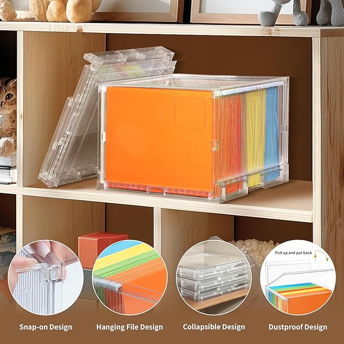File Organizer Box with Lid,Hanging Filing Folder Organizer for Document Storage with Plastic Slide,Letter-size File Holder Filing Box for Office/Home/Decor/（2Pack）