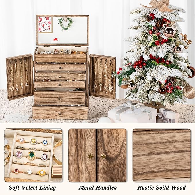 Emfogo Wooden Jewelry Box for Women, 6-Tier Large Jewelry Organizer Boxes with Mirror Rustic Solid Wood jewlery Storage Display for Rings Earrings Necklaces Bracelets watches(Carbonized Black)