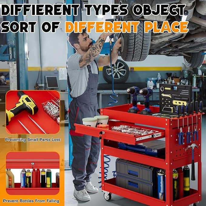 3 Tier Tool Cart on Wheels with Drawers - Three Tier Rolling Cart with Lockable Storage - Mechanic Tool Chest - Tool Chest with Wheels Used in Garage, Indoors, Workshop (Red)
