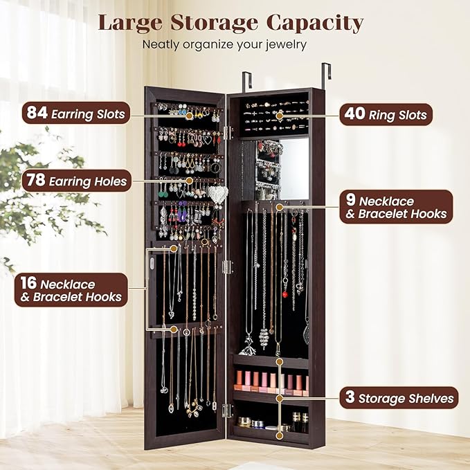 Giantex Wall Mounted Jewelry Cabinet with Full Length Mirror, Over The Door Jewelry Armoire Organizer with Large Storage, Makeup Mirror & Velvet Lining (Brown)