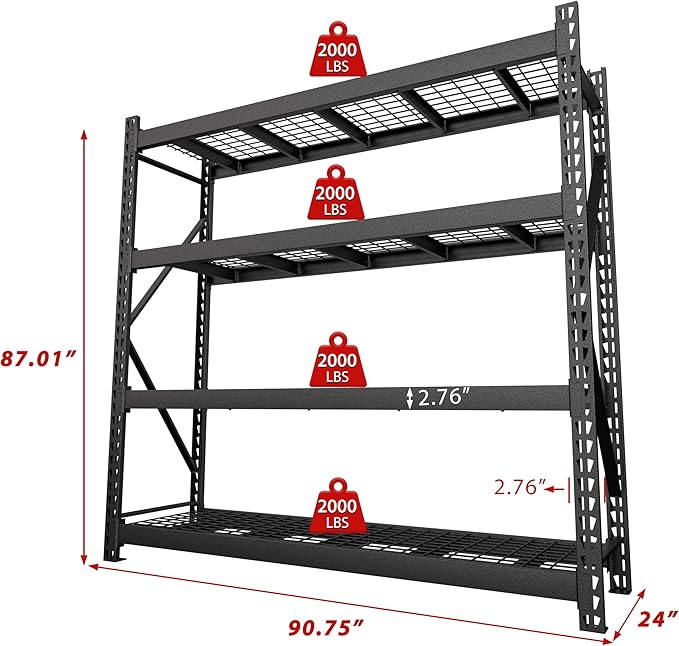 BlueWish 8000LBS Storage Shelves, 91 "W x 24 "D x 87 "H 4-Tier Adjustable Metal Shelving Units and Storage for Garage, Warehouse, Basement, Black