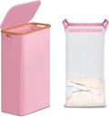 efluky Slim Laundry Basket with Lid, Narrow Laundry Hamper with Removable Bag, Skinny Dirty Clothes Basket with Bamboo Handles for Bathroom, Bedroom & Laundry Room, 75L Pink