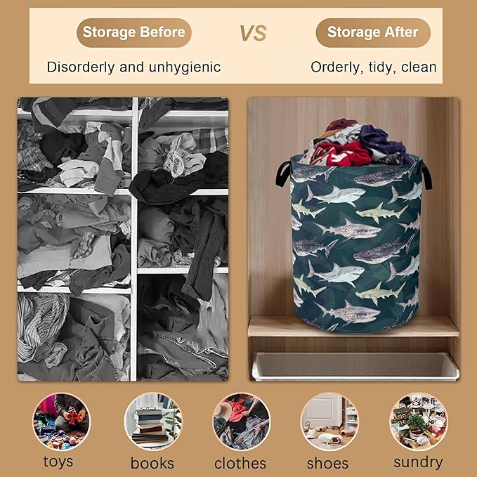 Cute Shark Collapsible Laundry Baskets,Laundry Hamper,Storage Basket with Handles for Bathroom Bedroom College Dormitory Living Room Nursery Organizer 16"x20"