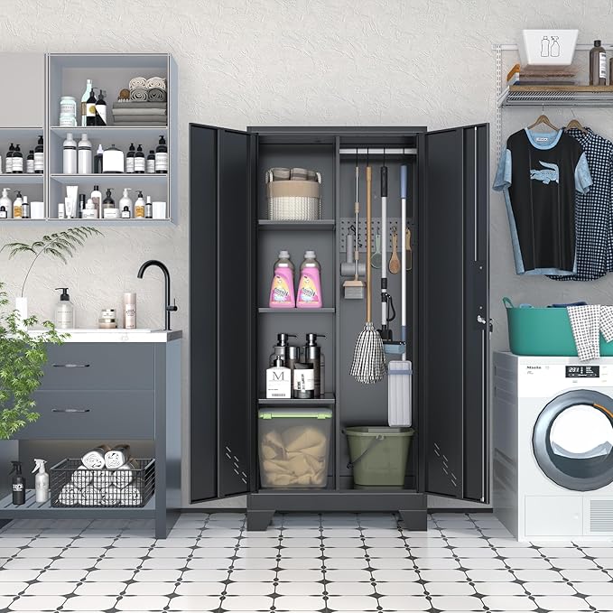 Garage Storage Cabinet, Broom Closet Storage Cabinet, Storage Shed, Metal Cabinets with Doors and Shelves, Tool Shed for Brooms and Mops, Utility Cabinets for Storage,Small Cabinet