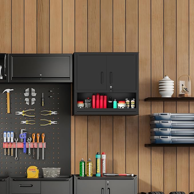 Metal Wall Cabinet, Garage Wall Cabinet with Adjustable Shelf for Garage, Tool Room, Kitchen, Assembly Required(Black)