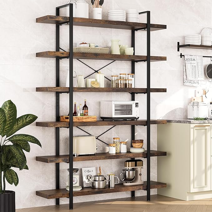 Bookshelf Set of 2, Heavy Duty 6-Tier Industrial Bookcase, 47" Wide Wood Bookshelf for Home Office, 120lbs Shelf Capacity, Rustic Open Display with Horizontal Shelf for Living Room Bedroom