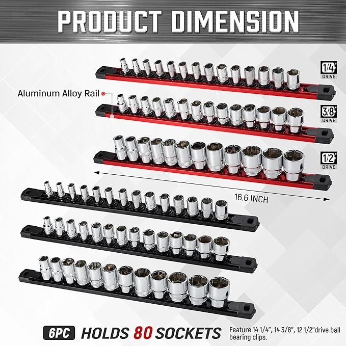 ALOANES 6-Piece Magnetic Socket Organizer, Heavy Duty Aluminum Rails With 360 Swivel Clips Holder Kit for Tool Box, 1/2, 3/8, 1/4-Inch x 80 Clips (Red&Black)