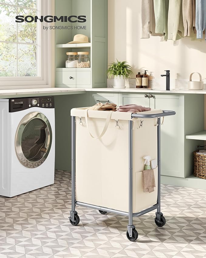 SONGMICS Laundry Basket with Wheels, 2-Section Rolling Laundry Hamper, 37 Gallons (140 L), Removable Liner, Steel Frame with Handle, 27.2 x 15.4 x 31.9 Inches, Cream White URLS004W01