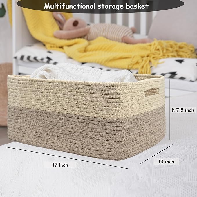 COMFY-HOMI 2 pcs Large Storage Baskets for Shelves, Laundry Basket, Woven Rope Basket, Closet Organizer Bins for Clothes Blanket Towels, Baby Nursery, Gift Toy Baskets, 17” x 13” x 7.5”-Beige Brown