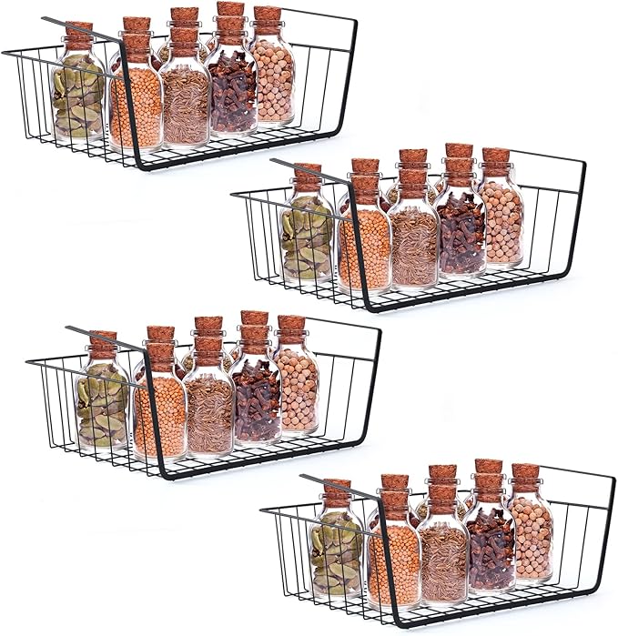 Undershelf Storage Basket Under Shelf Wire Basket Household Metal Under Shelf Hanging Storage Bin Basket Slides Under Shelves for Storage Space Saving for Kitchen Pantry Bookshelf 4 PCS