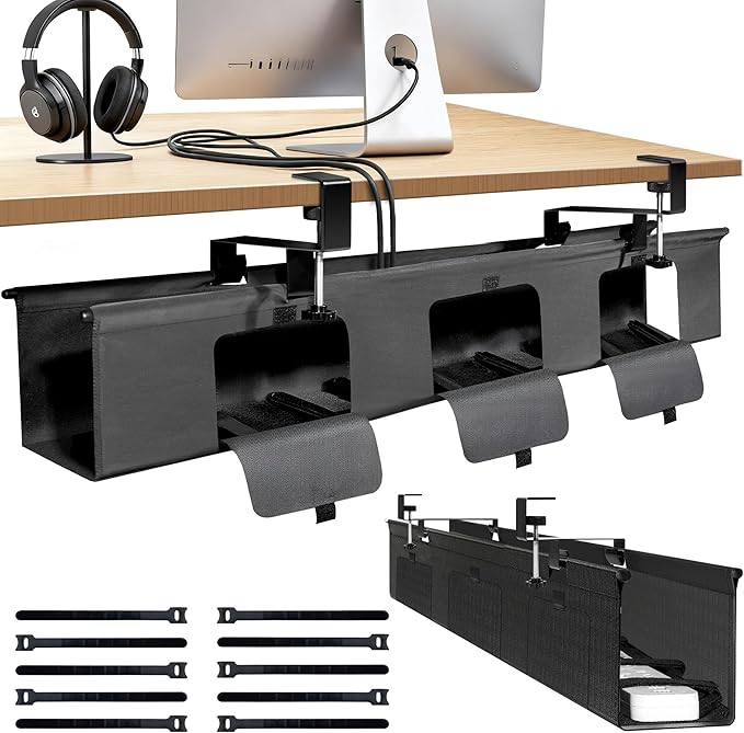 Under Desk Cable Management Tray, 36" No Drill Standing Desk Cable Organizer, Fabric Tray for Power Strips, Adapters & Cables, Black