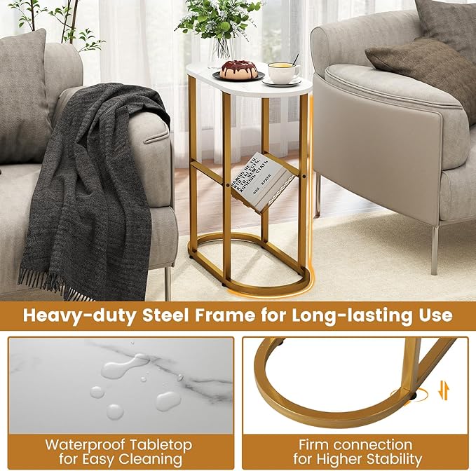 Tangkula Oval Narrow Side Table, 2-Tier End Table with Mesh Magazine Rack, Steel Frame, Industrial Nightstand, Compact Sofa Bedside Table for Living Room Bedroom, White & Gold